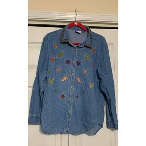 Vintage Bobbie Brooks Denim Fall Leaves Embroidered Button Up Shirt Top L